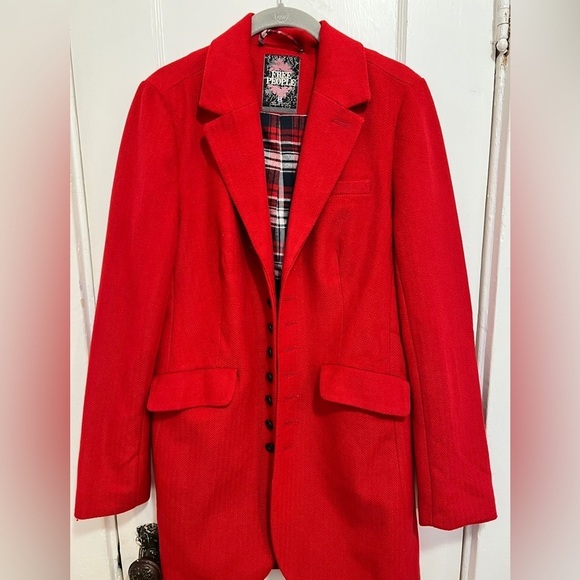 Free People Jackets & Blazers - FREE PEOPLE Up The Hill Mid Length Coat Jacket Red Plaid Interior VINTAGE